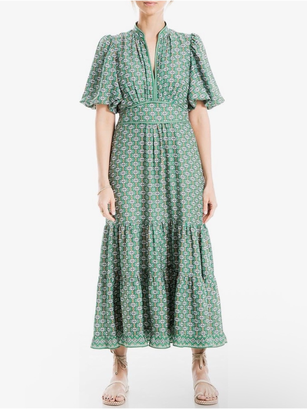 Max Studio Green Printed Maxi Dress with Flutter Sleeves